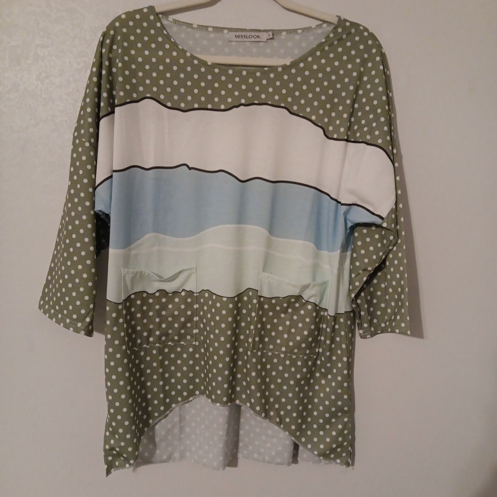 Miss Look Women's Tunic NWOT Sz S Greenw/White Polka Dot & Multi-Color S...